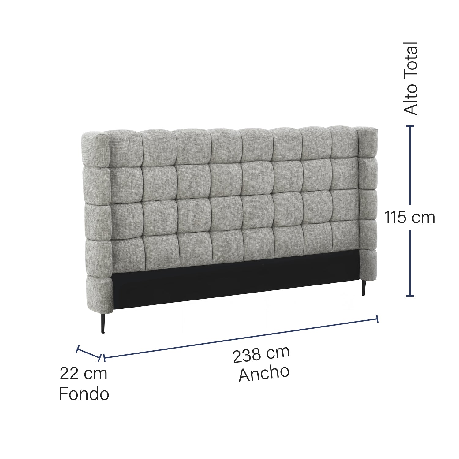CABECERA CAMA TOLEDO EN PERSPECTIVA, FONDO BLANCO Y CON MEDIDAS