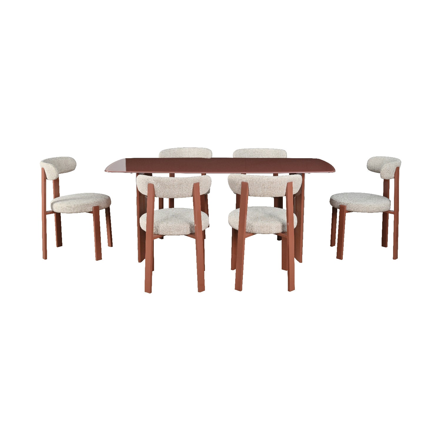 Mesa de Comedor Cali Rosa acompañada de seis sillas florida vista en perspectiva sobre fondo blanco