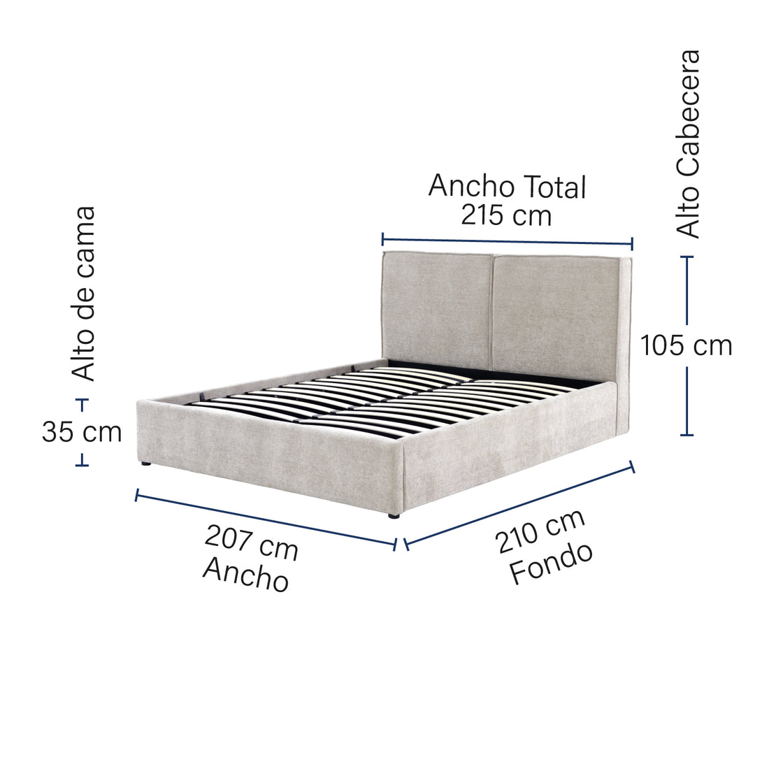 Cama Madrid King Size en fondo blanco con medidas