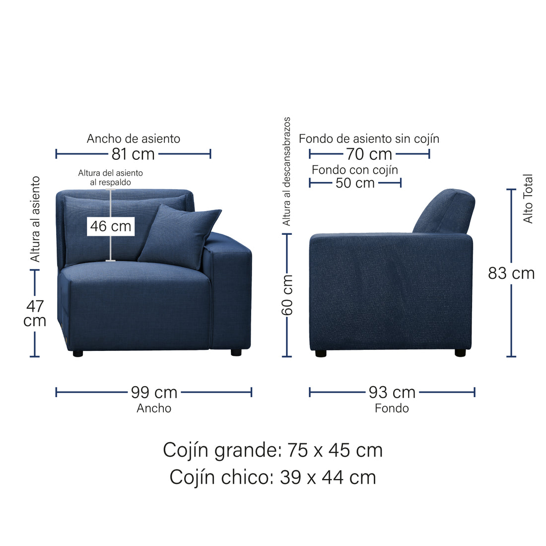 Sofá Montenegro 2 Plazas Azul Medidas