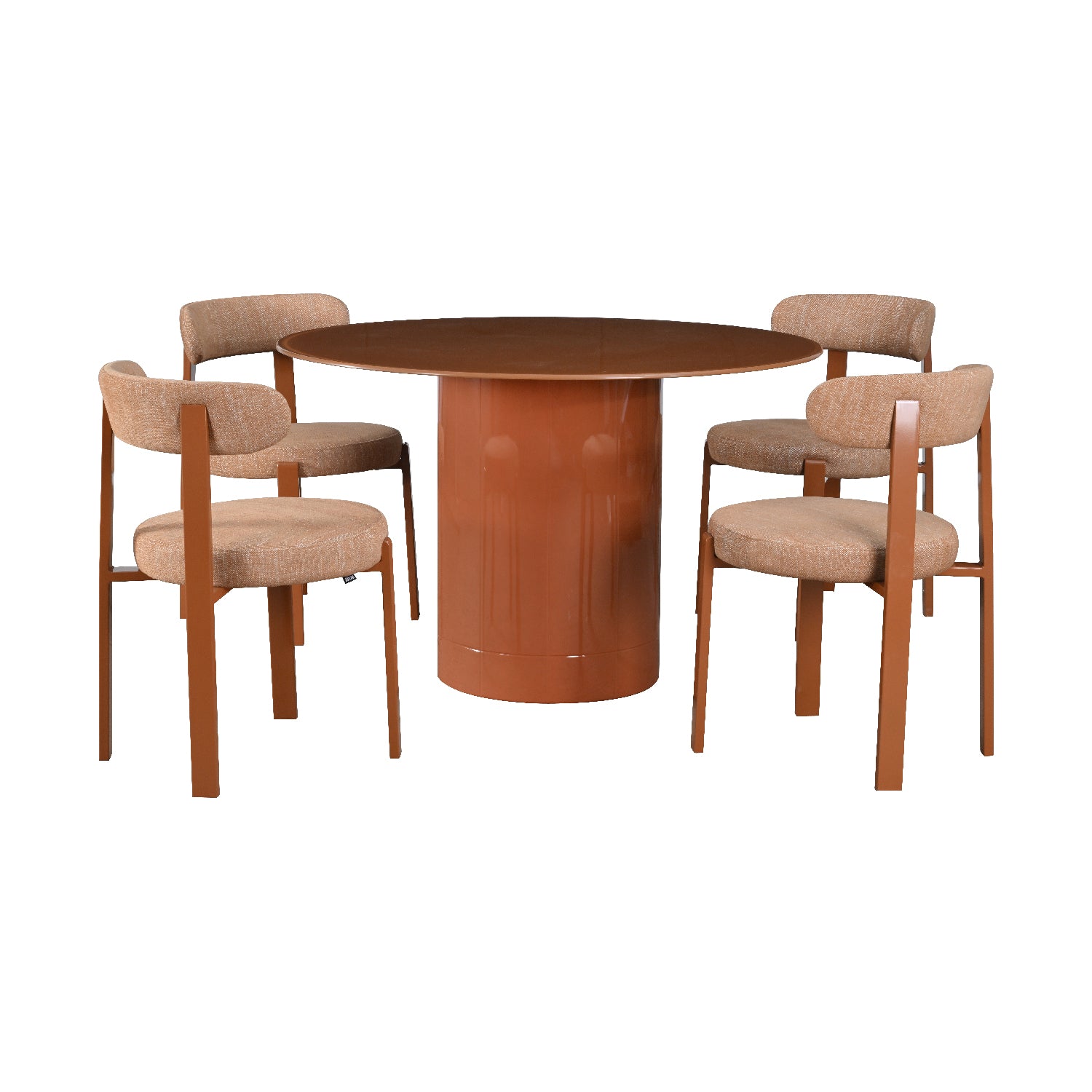 Mesa para comedor Cartagena acompañado de cuatro sillas florida todo color naranja sobre fondo blanco