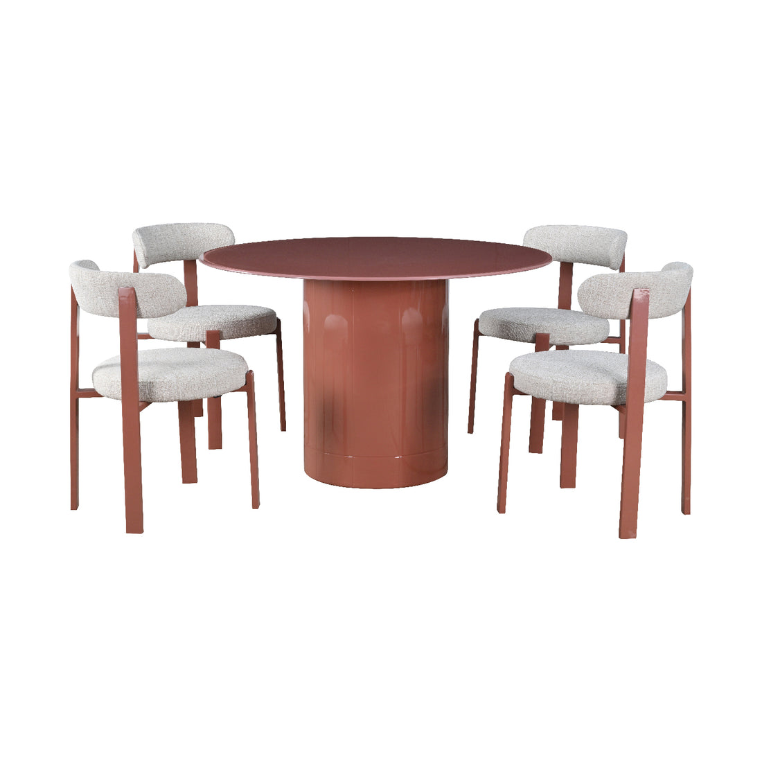 Mesa para comedor Cartagena acompañado de cuatro sillas florida todo color rosa sobre fondo blanco