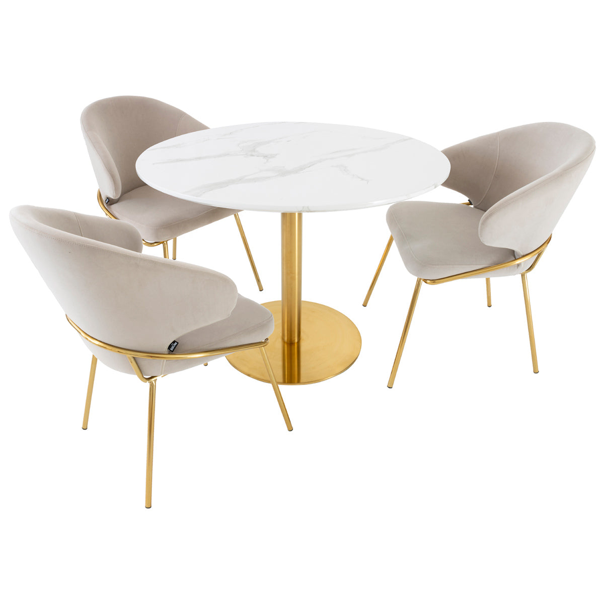 Comedor zadar con tres sillas palma color taupé sobre fondo blanco