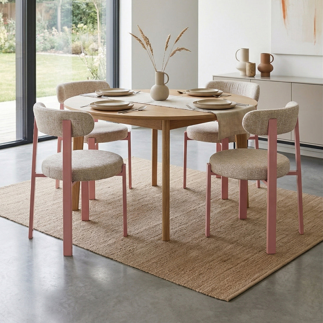 Silla Florida Rosa Vista en Comedor con Ventanal de Fondo con Iluminación Clara 