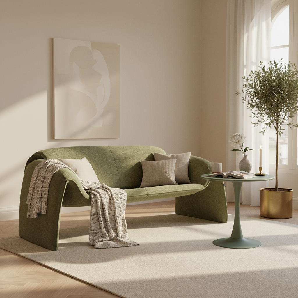 Sofá Melbournee Verde en sala tono sobre tono, foto ambientada