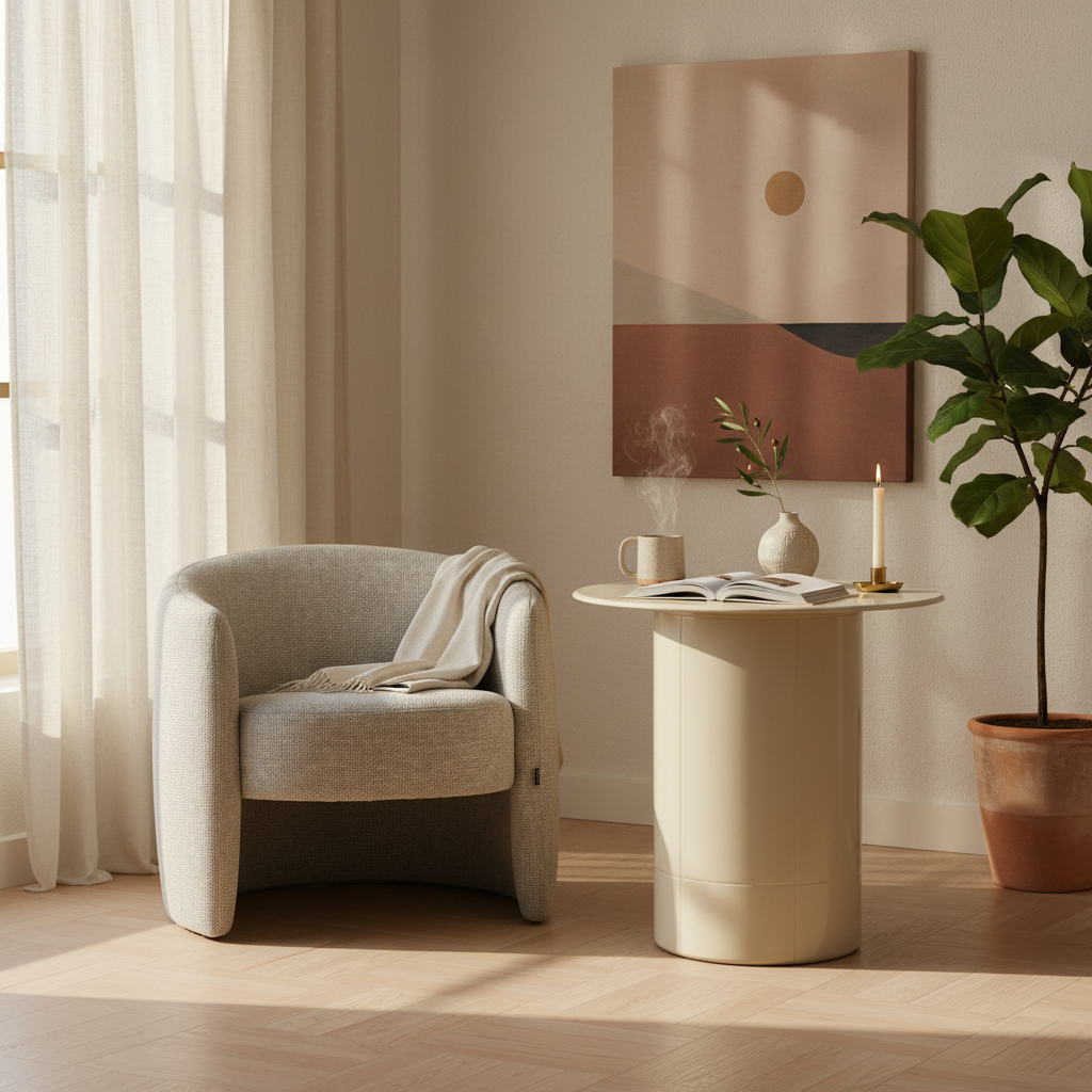 Mesa Lateral Florencia en sala junto a sillón, foto ambientada