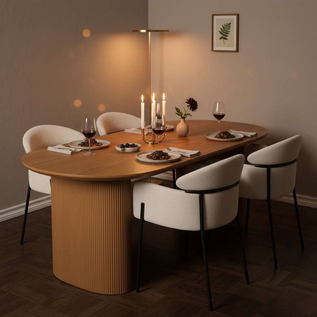 Mesa de Comedor Chipre Nogal en cena íntima con Silla Padua, foto ambientada