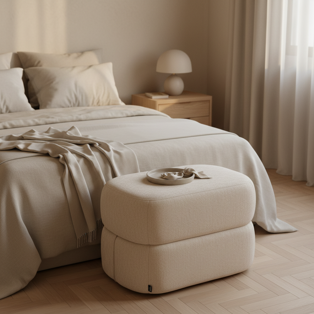 Taburete Lisboa Beige al pie de la cama, foto ambientada